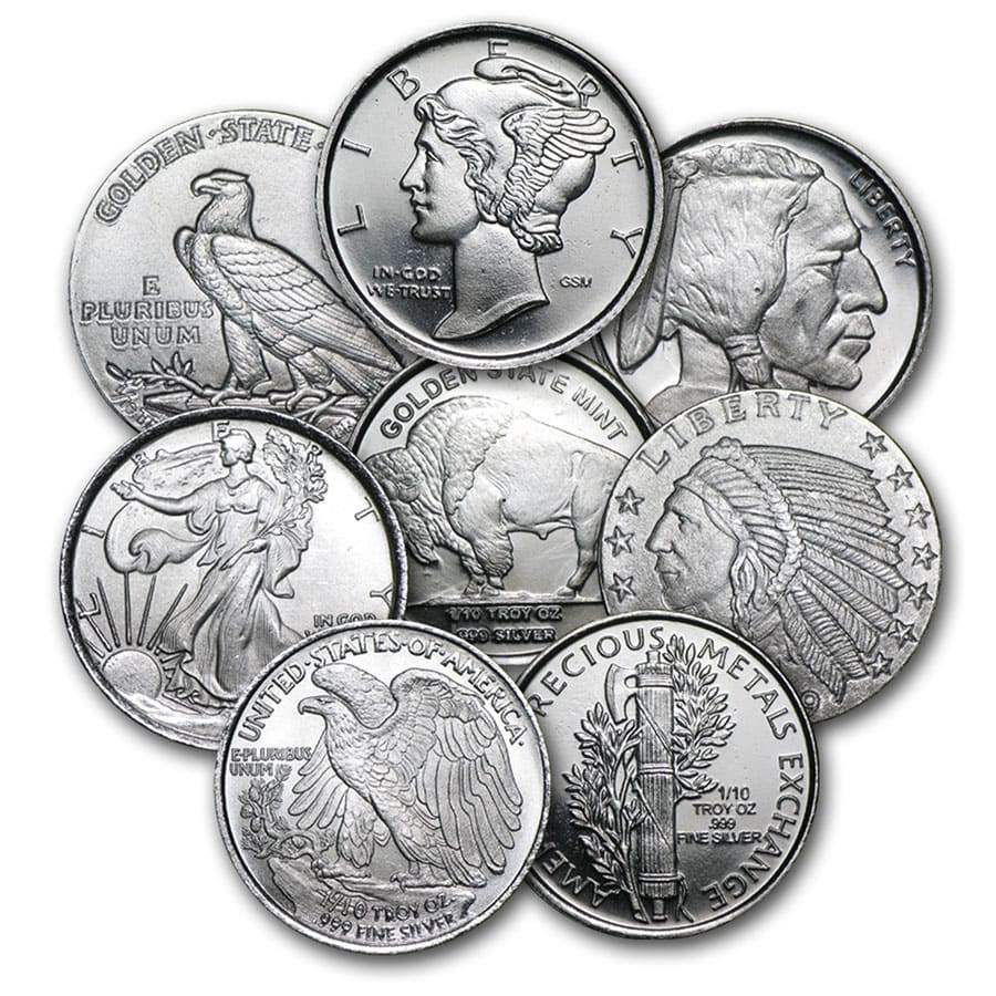 Representative one-tenth-ounce secondary-market silver round; design varies