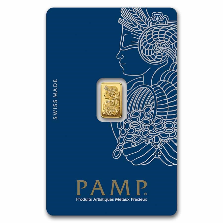 PAMP Lady Fortuna one-gram gold bar in assay packaging