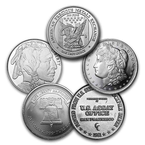 Representative one-ounce secondary-market silver round; design varies