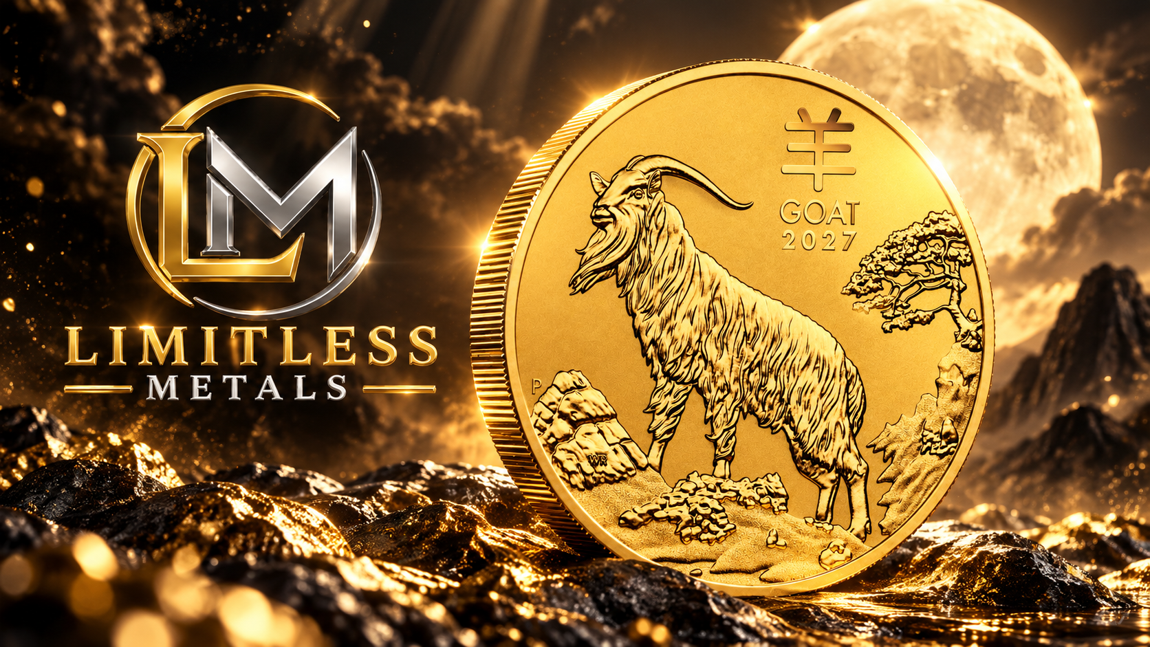 2027 Australian Lunar Goat 1 oz gold bullion coin with Limitless Metals logo