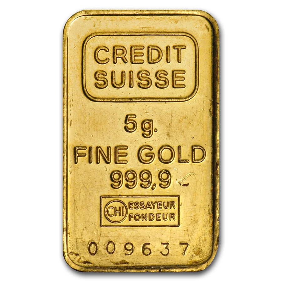 Representative 5 gram secondary-market gold bar; refiner and design vary