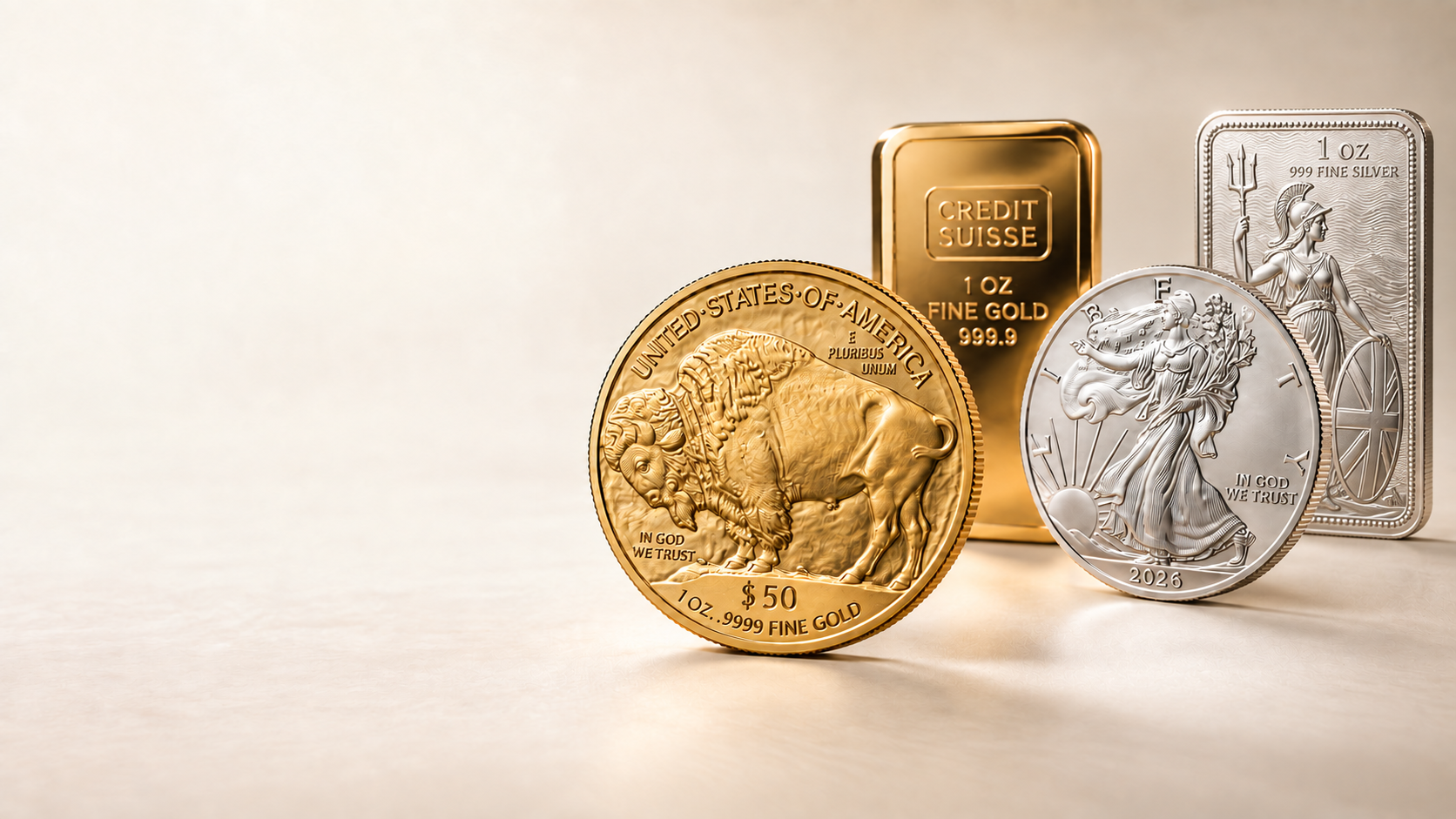 Gold Buffalo coin, 2026 Silver Eagle, gold bar and silver Britannia bar