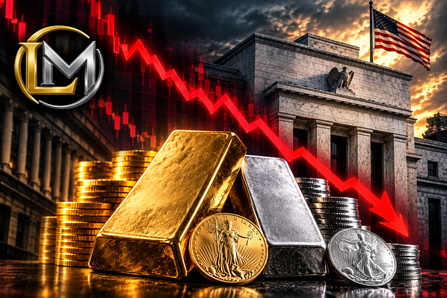 Gold and silver bars and coins in front of the Federal Reserve with a falling market chart and Limitless Metals logo