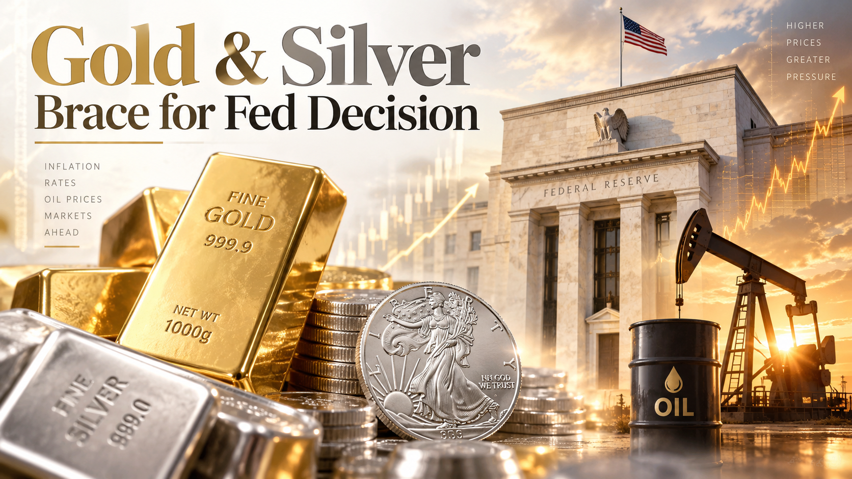 Gold and silver bullion beside the Federal Reserve and oil market imagery ahead of the September 2026 Fed decision.