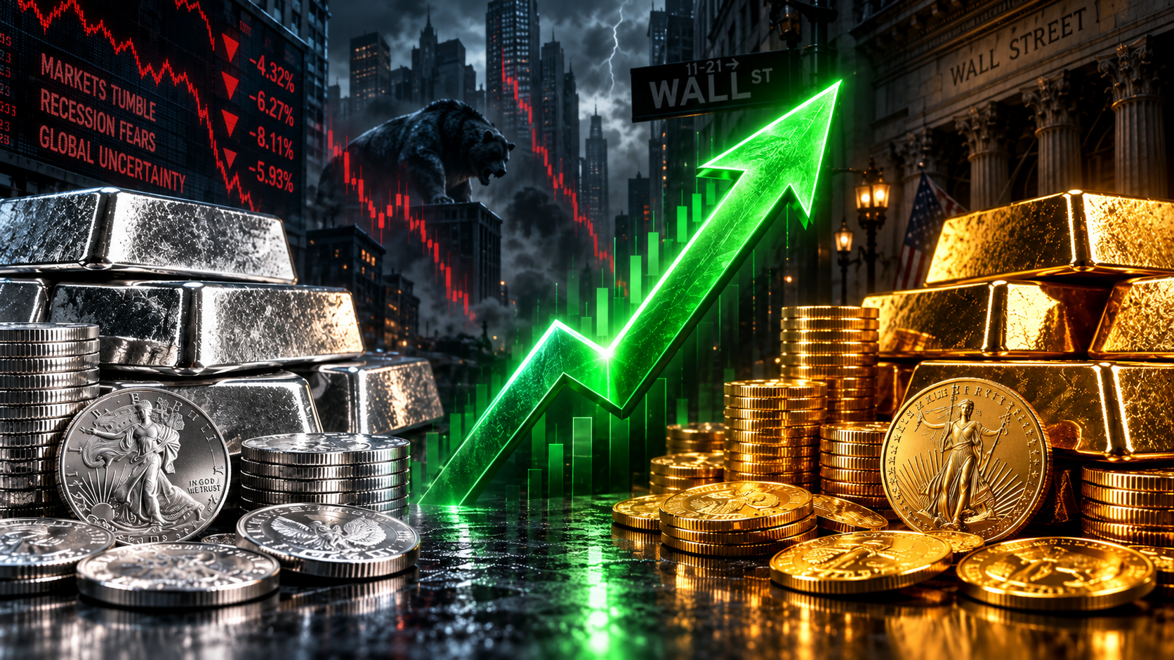 Gold bars and silver bullion representing rising gold and silver prices after the September 2026 Federal Reserve rate hike