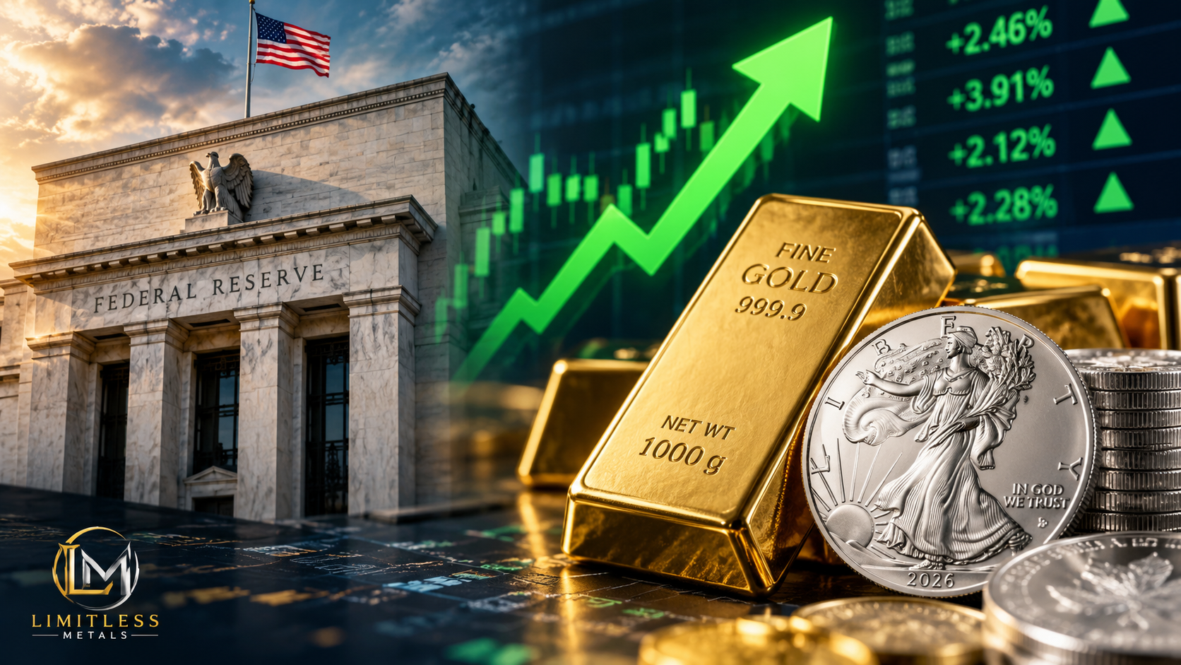 Federal Reserve building beside a rising green market chart, gold bars and silver coins representing the September 17, 2026 precious metals rally.