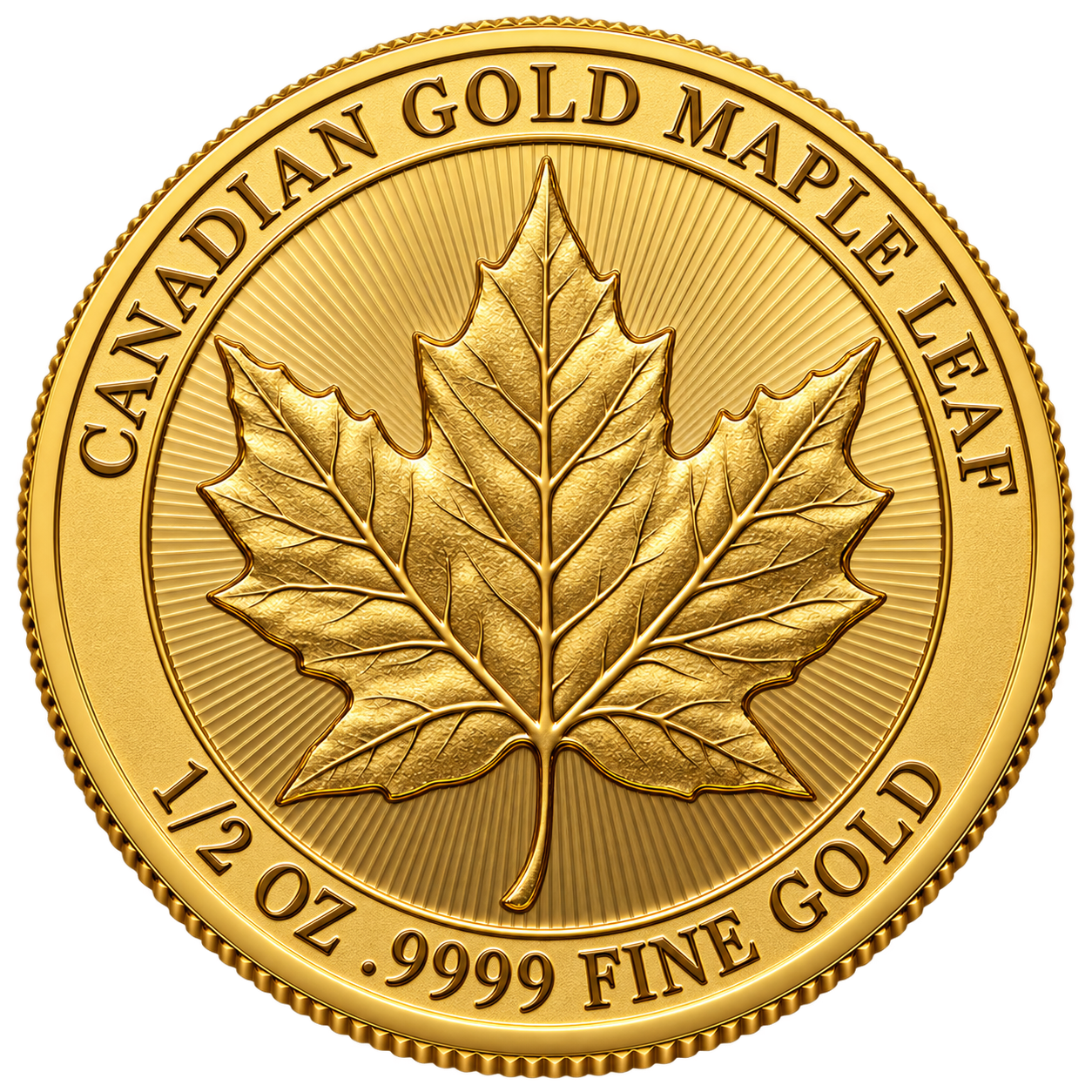 Illustrative 1/2 oz Canadian Gold Maple Leaf coin showing weight and .9999 fine gold purity