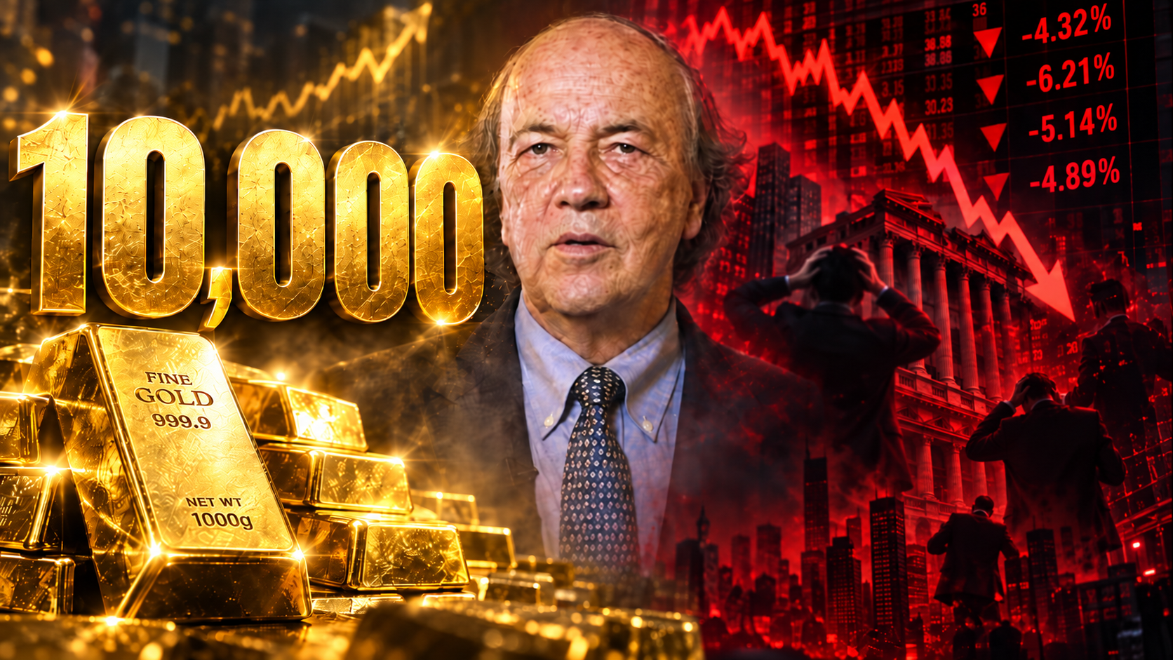 Jim Rickards with $10,000 gold prediction, gold bars and falling financial markets