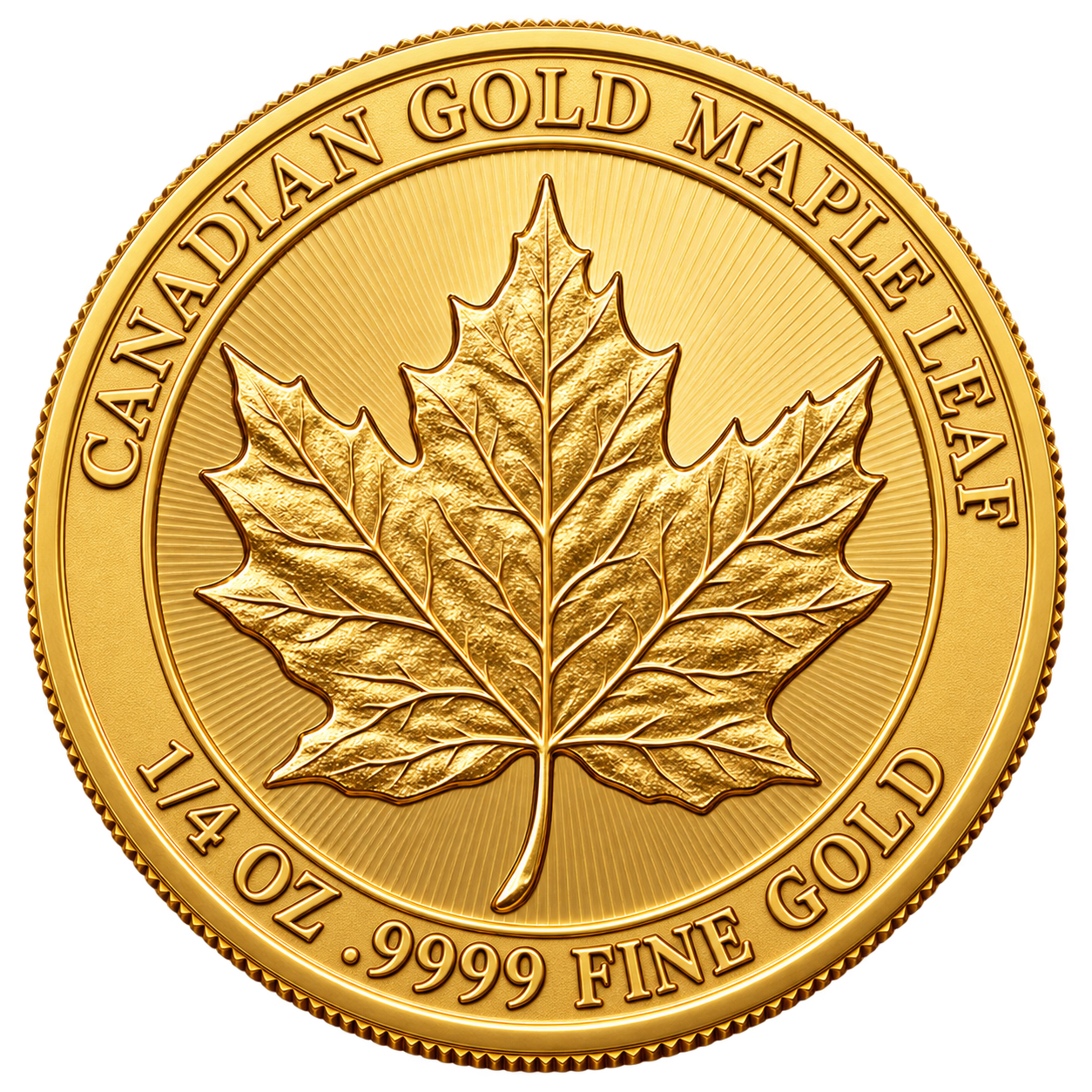 Illustrative 1/4 oz Canadian Gold Maple Leaf coin showing weight and .9999 fine gold purity