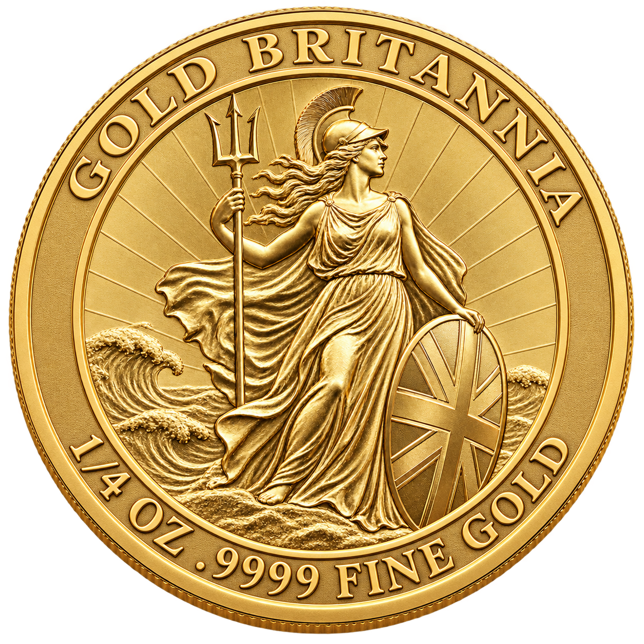 Illustrative 1/4 oz Gold Britannia coin showing weight and .9999 fine gold purity