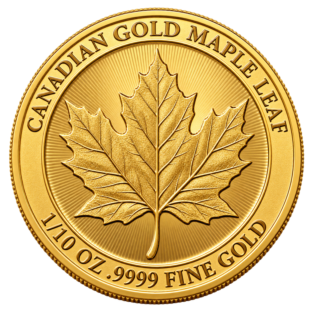 Illustrative 1/10 oz Canadian Gold Maple Leaf coin showing weight and .9999 fine gold purity