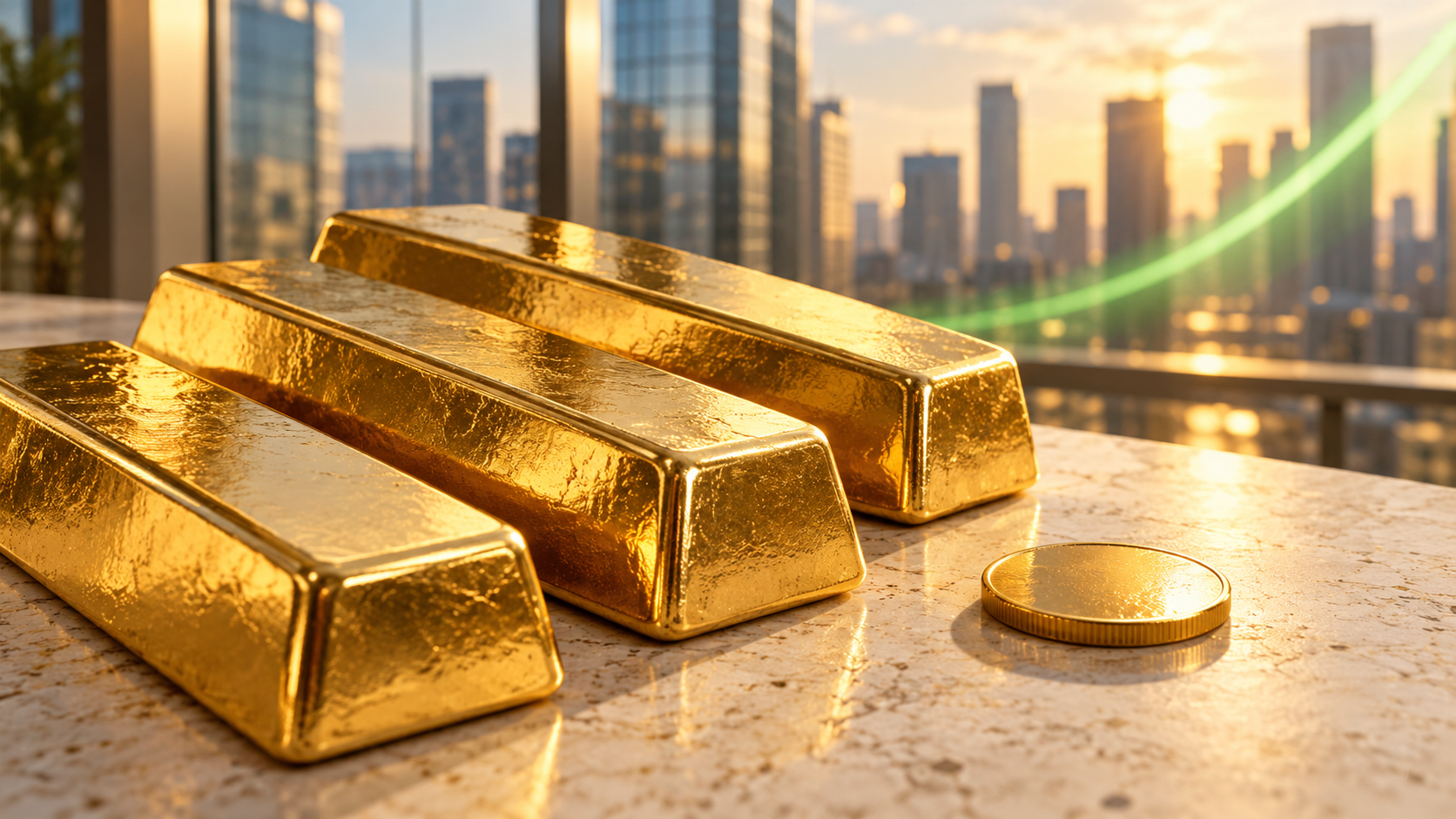 Illustration of gold bars and a coin in afternoon light with an abstract upward green sweep