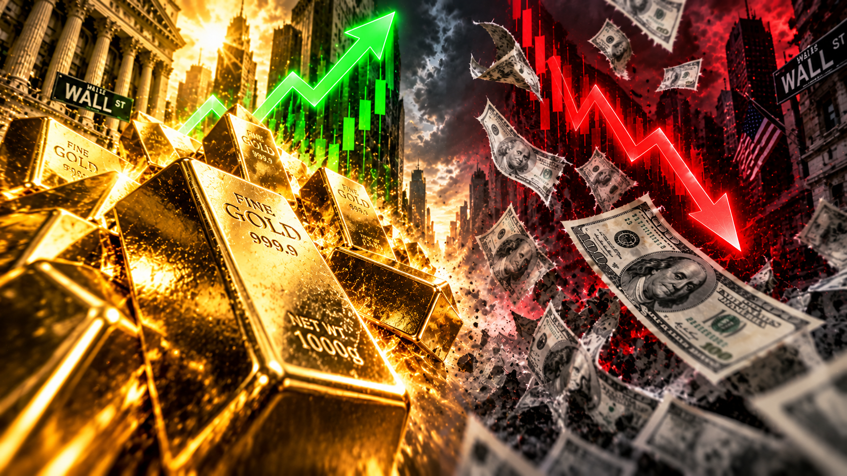 Gold bullion bars surging upward with a green rising market chart on the left, contrasted with falling U.S. dollar bills and a red declining chart on the right, against a dramatic Wall Street background.