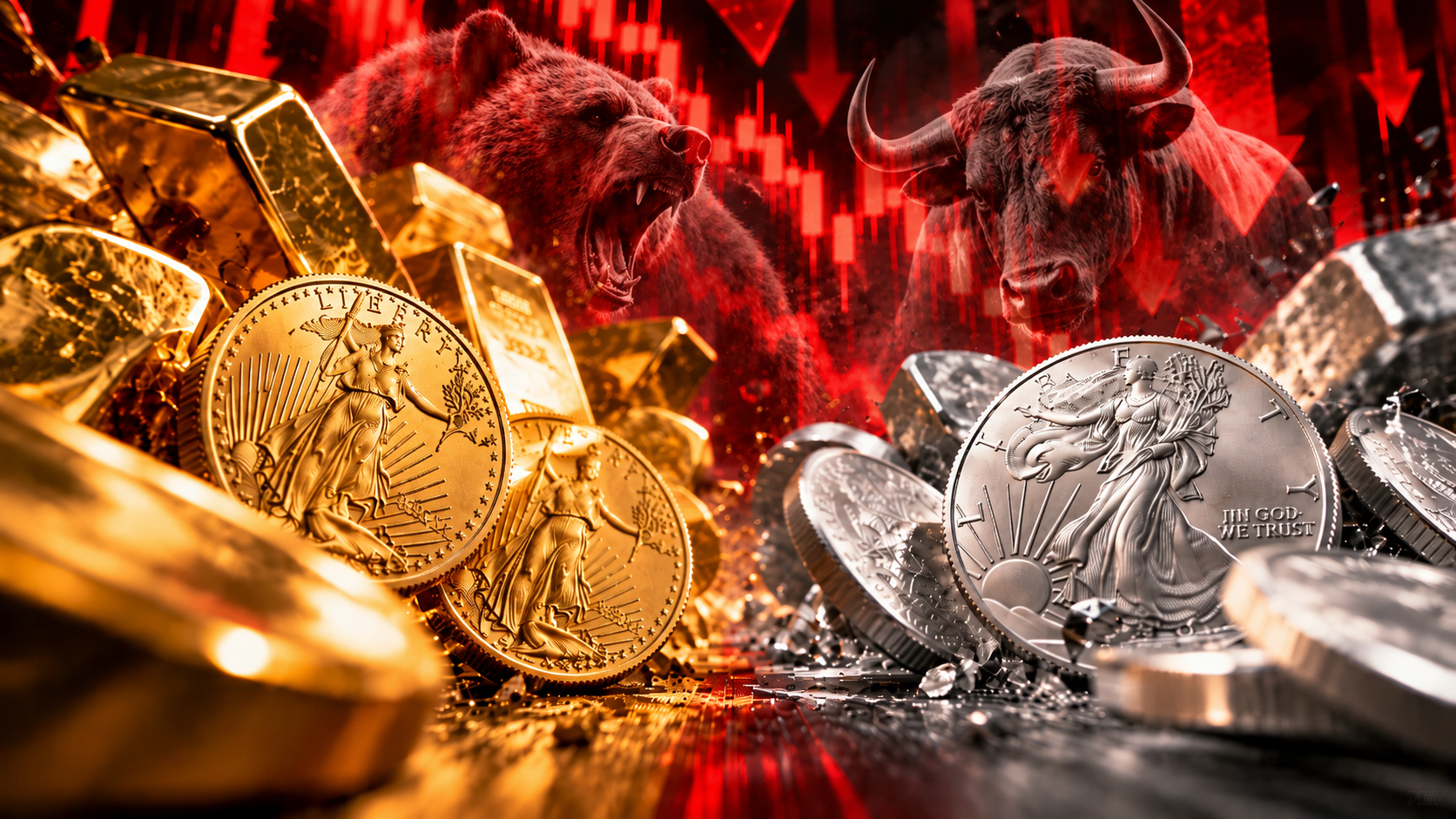 Gold bullion and coins on left and silver bullion and coins on right with translucent bear and bull behind red downward market arrows