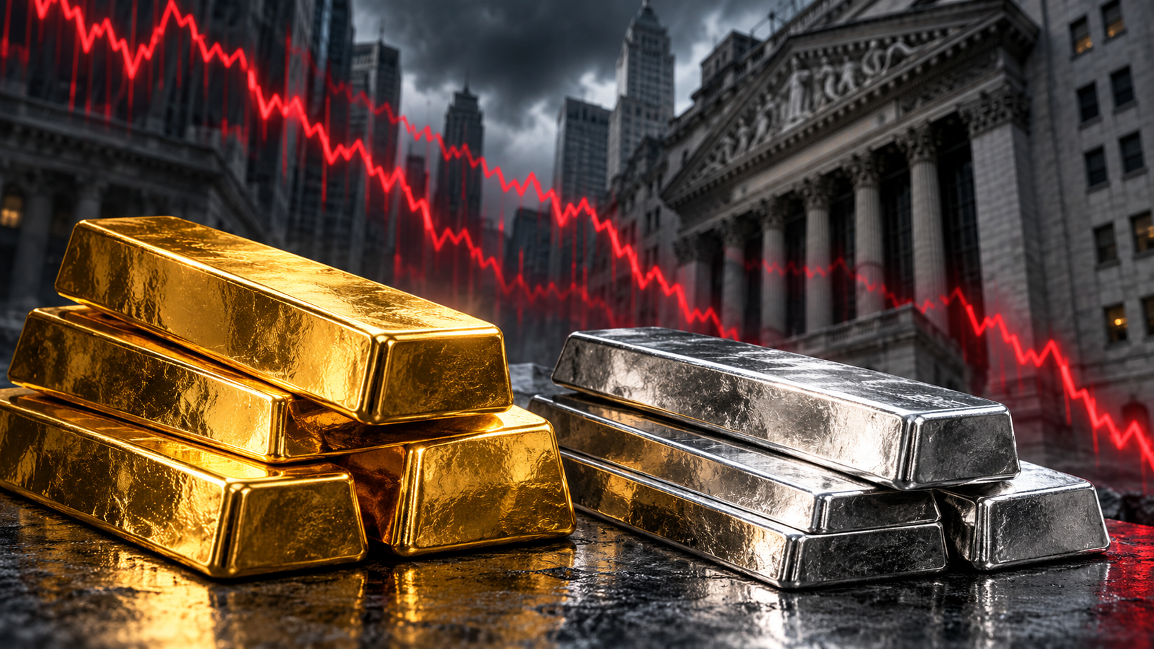 Illustration of gold bars on the left and silver bars on the right with descending red market charts in the background.