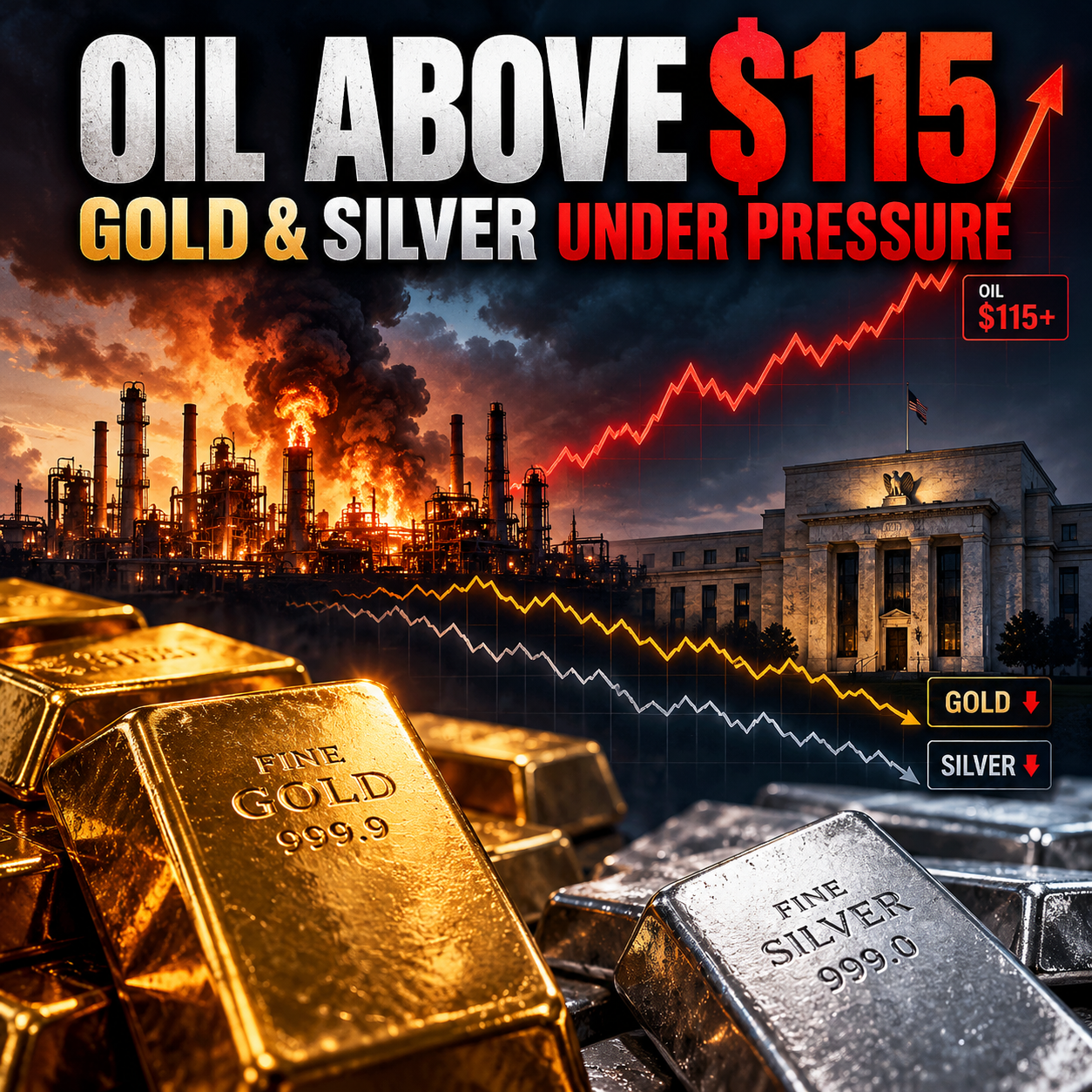Financial news illustration of oil rising above $115 as gold and silver face pressure ahead of the Federal Reserve decision, with refinery imagery and bullion bars.