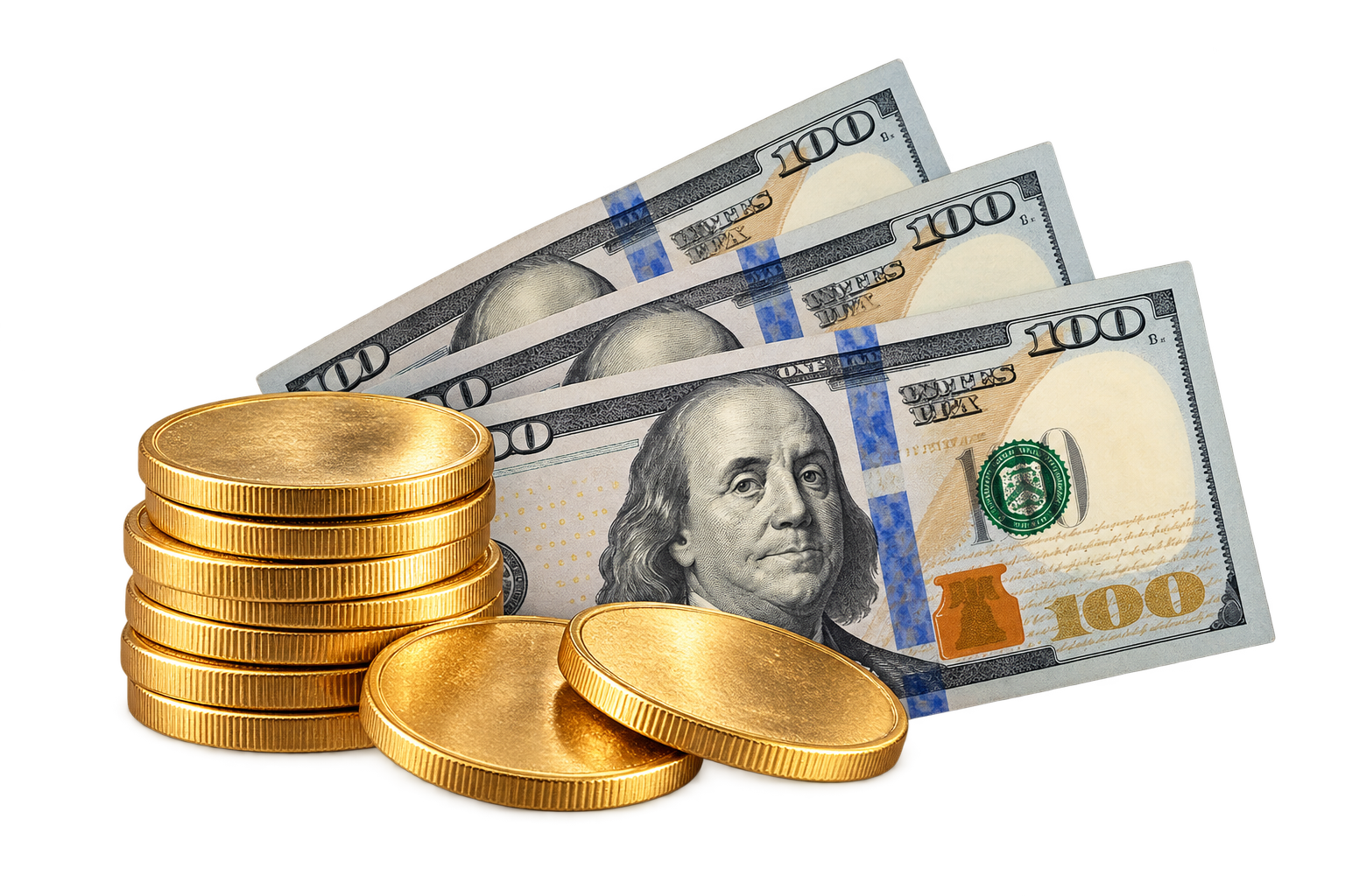 Generic gold coins in front of three hundred-dollar banknotes, isolated on a transparent background.