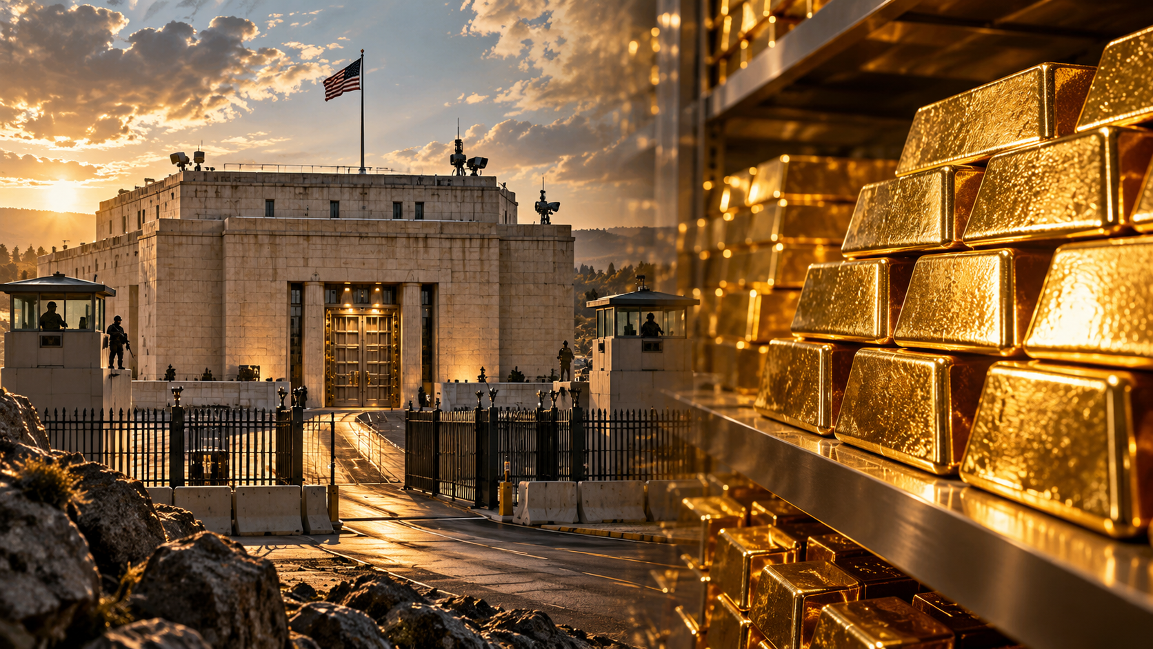 Fort Knox-style secure depository building on the left with stacked gold bars on the right, illustrating Gold IRA storage rules and precious metals vault custody in 2026.
