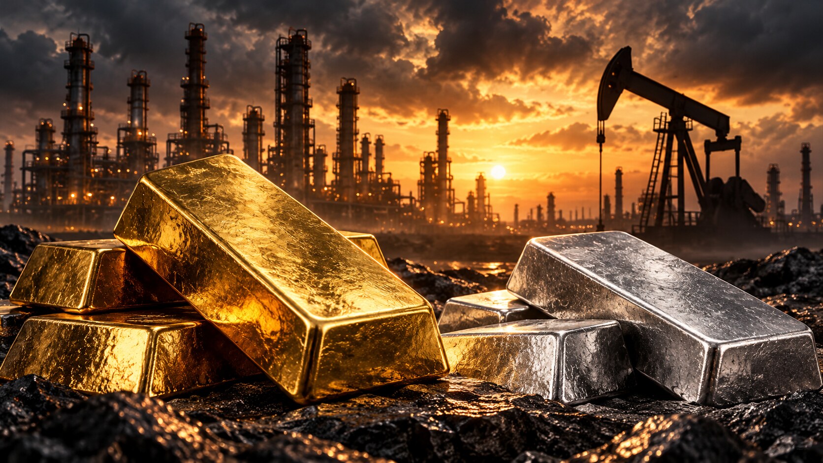 Gold and silver bars in front of an oil refinery and pumpjack beneath a dramatic amber sky.