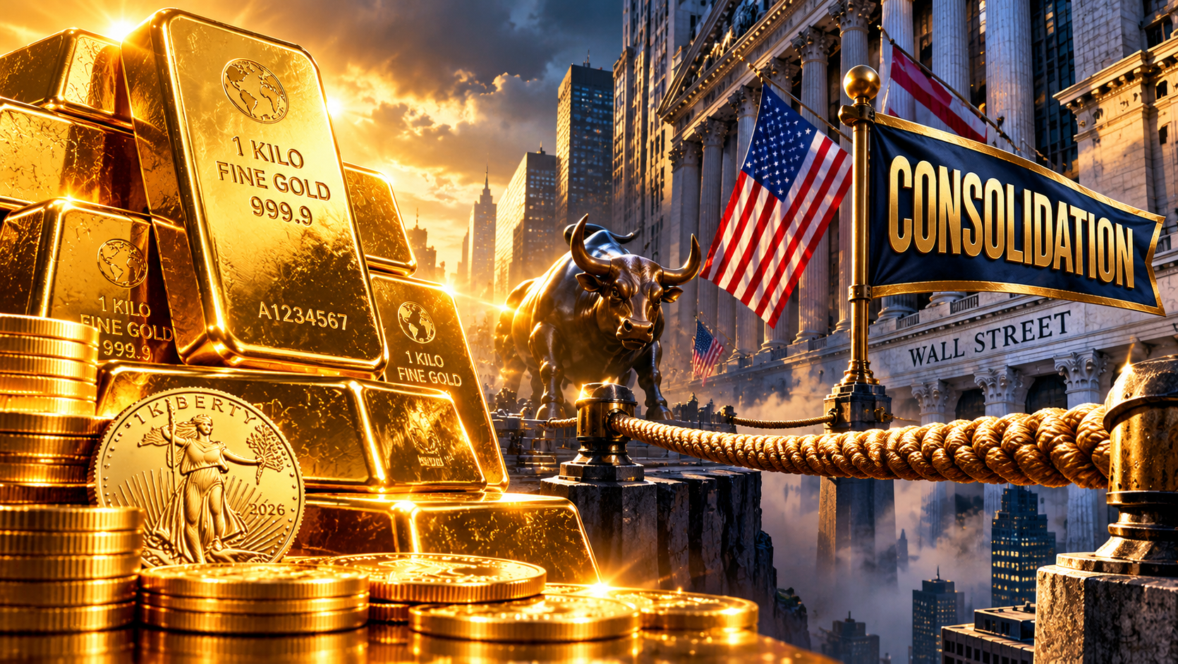 Stacked 1-kilo gold bars beside a Wall Street bull, American flags and a consolidation banner illustrating gold market uncertainty.