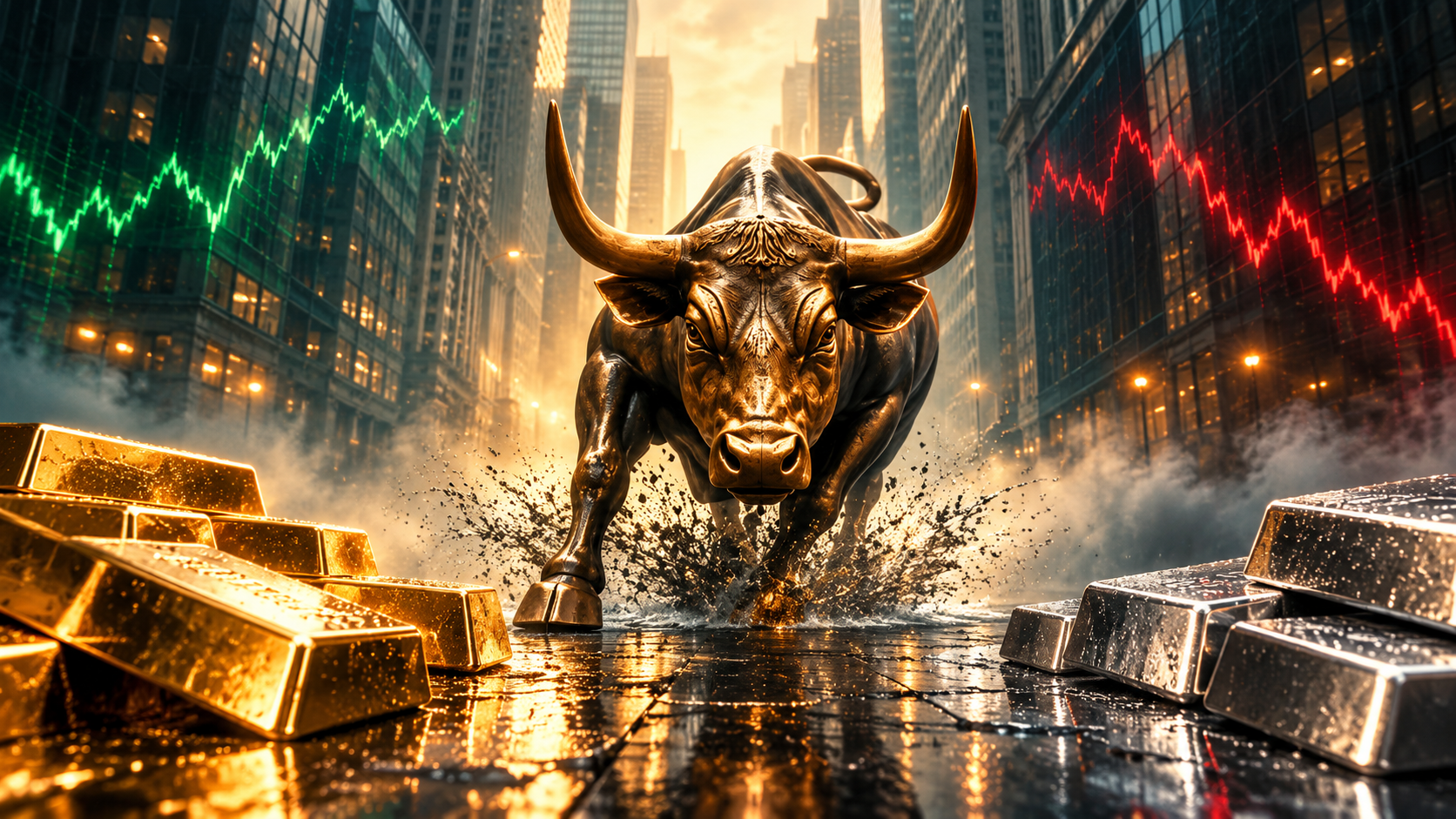 Bronze bull charging down Wall Street between gold and silver bars, with green rising and red falling market lines.
