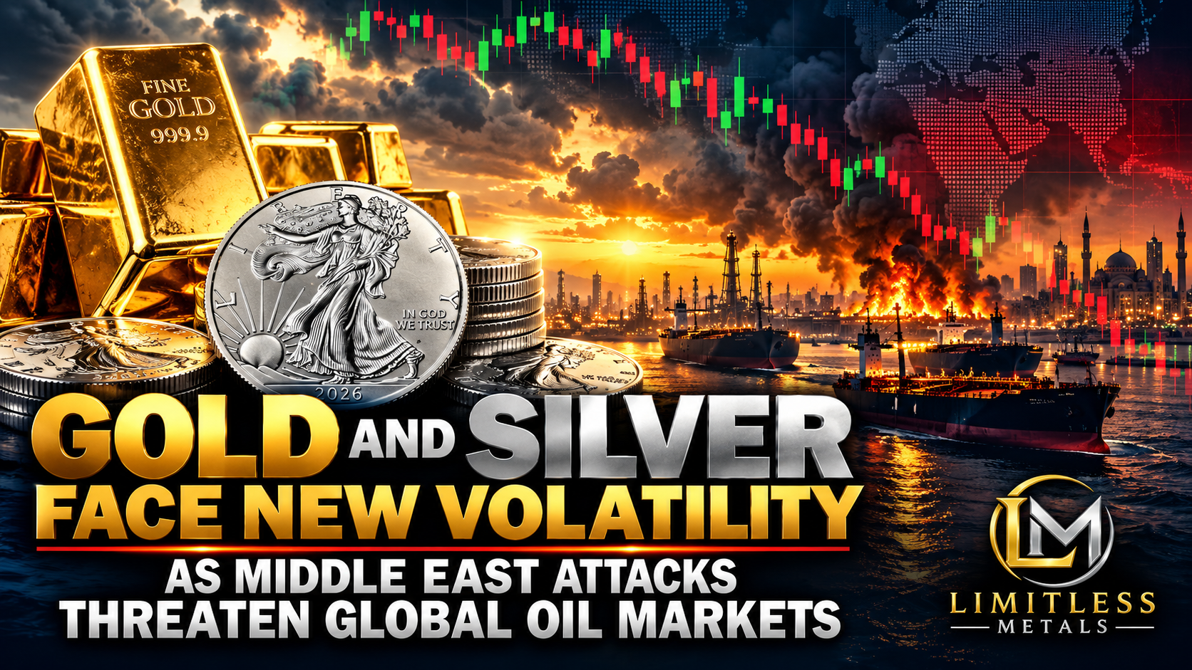 Gold bars and silver American Eagle coins with split green and red market charts illustrating Middle East oil tensions and precious metals volatility.